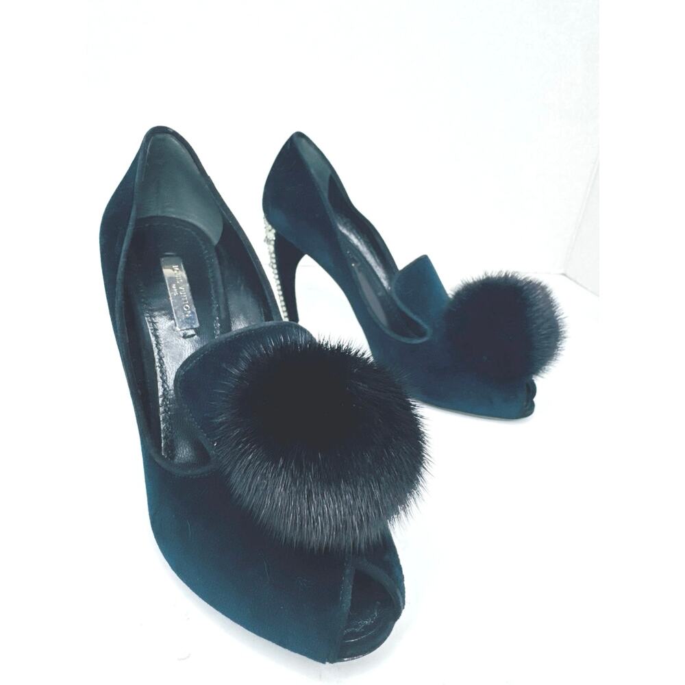 Louis Vuitton Nuit Black Blue Mink Pom Pom Frill Runway Pumps EU 35.5